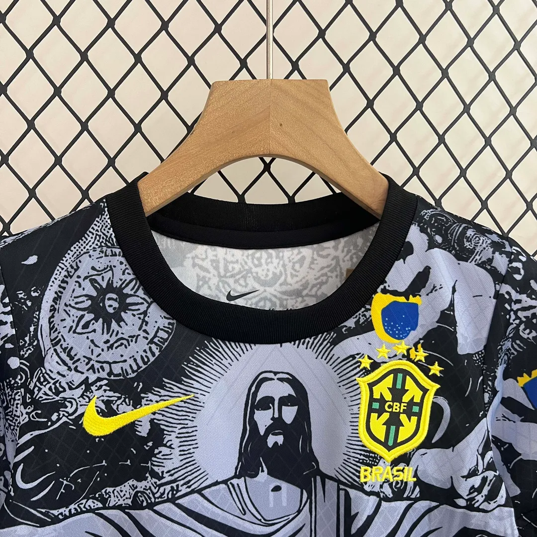 Maillot Kit Enfant Brésil Édition Spéciale Jesus 2024 Noir et Gris--2