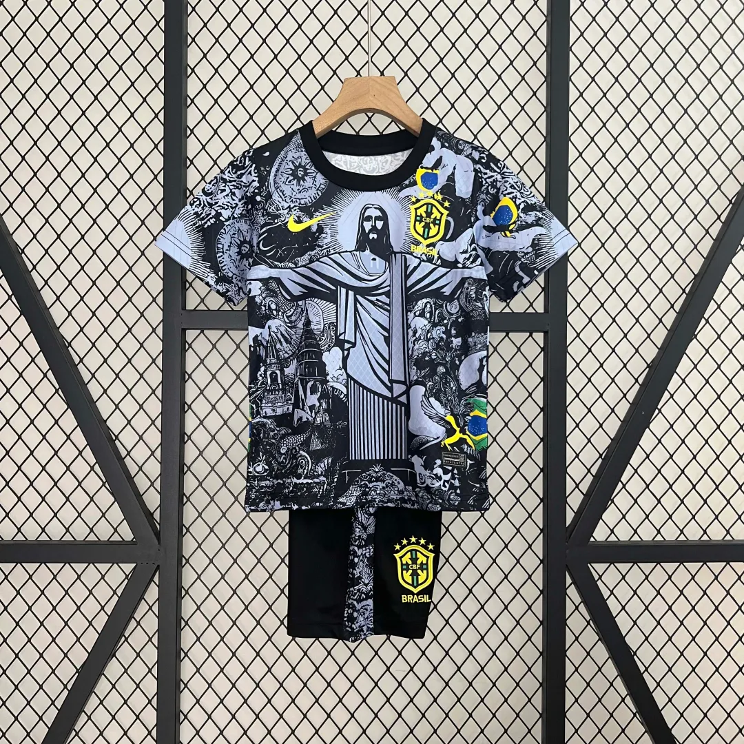 Maillot Kit Enfant Brésil Édition Spéciale Jesus 2024 Noir et Gris