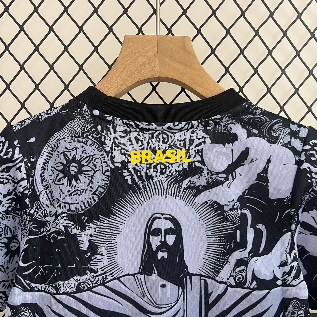 Maillot Kit Enfant Brésil Édition Spéciale Jesus 2024 Noir et Gris--3