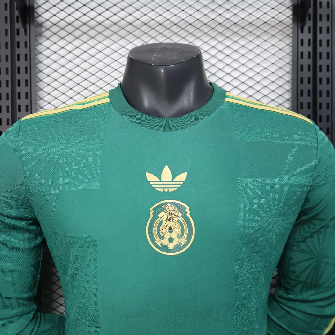 Maglia Messico Edizione Gold Cup 2025 Player Version Maniche Lunghe Verde--3