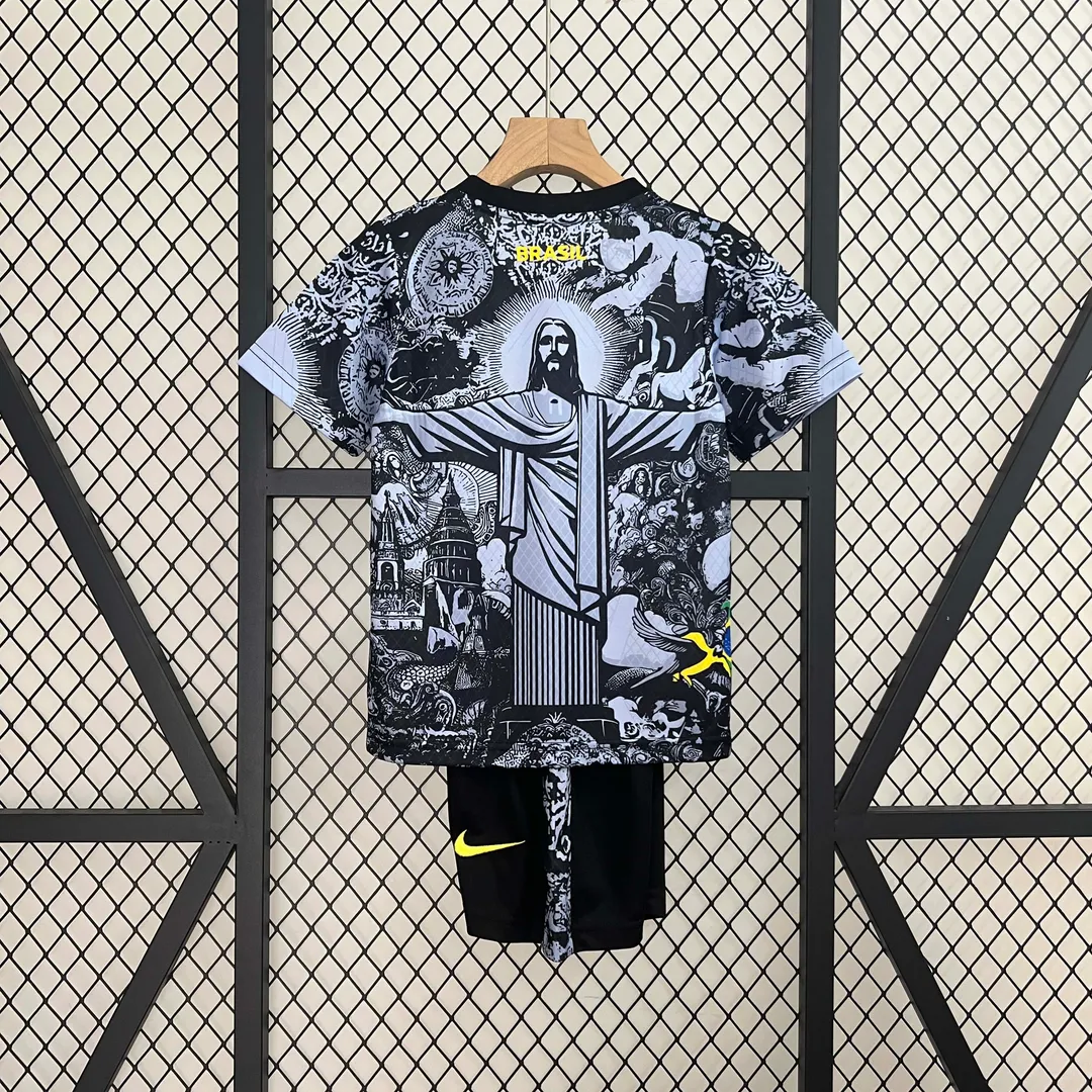 Maillot Kit Enfant Brésil Édition Spéciale Jesus 2024 Noir et Gris--1