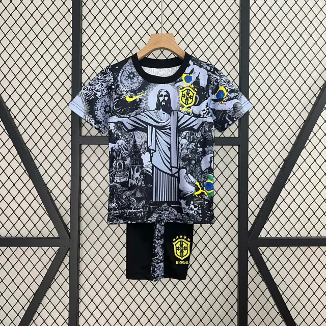Maillot Kit Enfant Brésil Édition Spéciale Jesus 2024 Noir et Gris